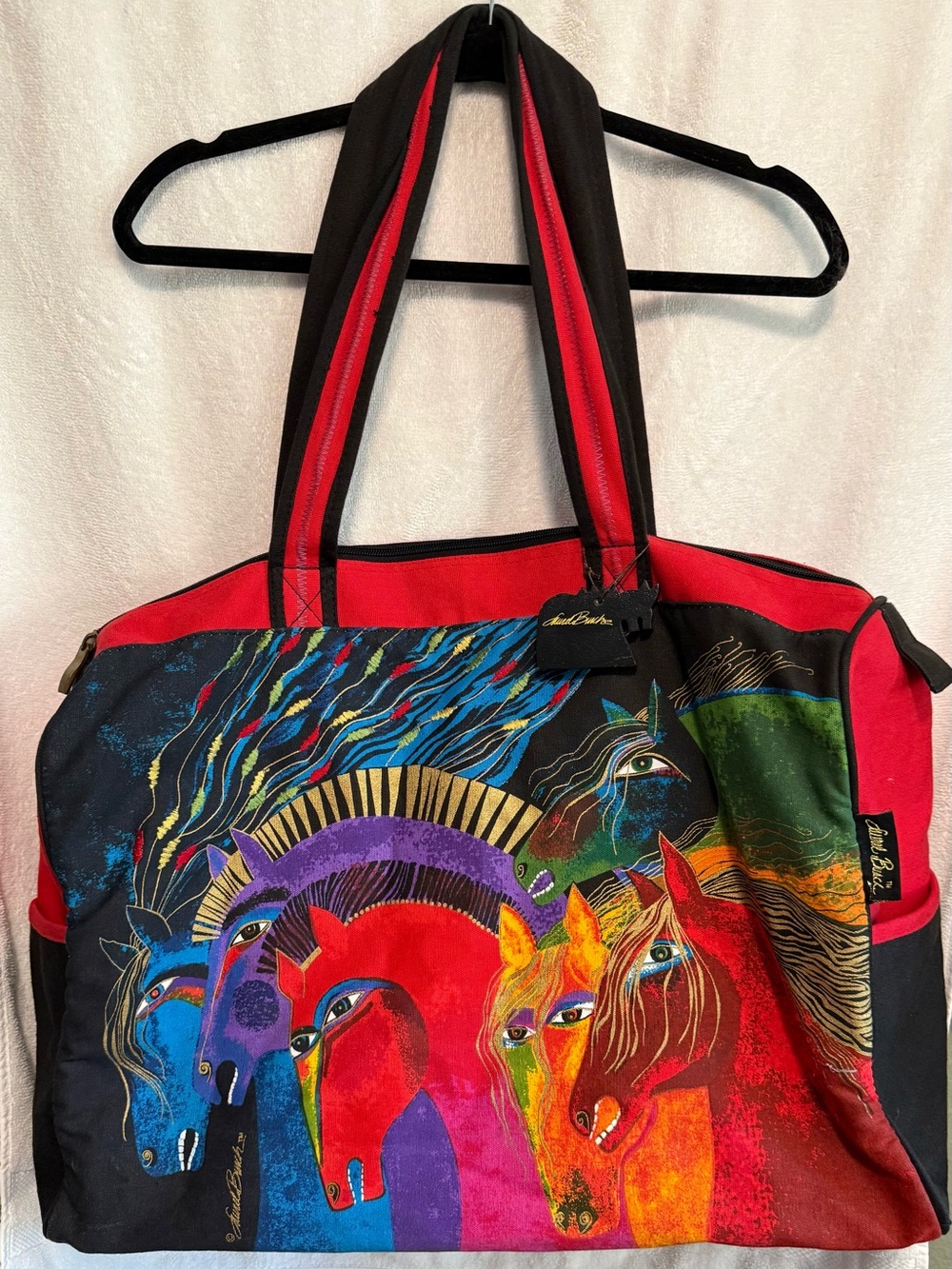 Laurel Burch Multicolor Horse Tote with Red Trim and Black Handles